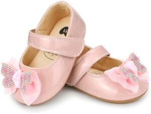 Clowora Infant Toddler Baby Girl Dress Shoes Mary Jane First Walking PU Leather Princess Wedding Rubber Sole Non-Slip with Bowknot Floral Flats - Image 4