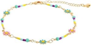 Daisy Anklet, Gold Beaded Flower Anklet Dainty Colorful Foot Chain Summer Beach Boho Foot Jewelry Gift for Women Girls for Birthday Valentine's Day Anniversary Christmas