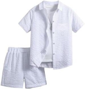 Boy's 2 Piece Outfits Textured Short Sleeve Button Down Shirt and Shorts Clothing Set