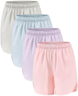 4 Packs Girls Athletic Shorts with Pockets Running Active Shorts Dry-Fit, Sports Workout Shorts for Kids Teens