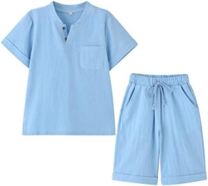 Boy's T-Shirt and Shorts Set Cotton Linen Summer Short Sleeve Children Two Pieces Clothing Pants Sets