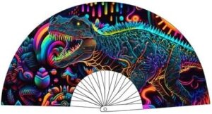 Neva Nude Rave Folding Hand Fan - UV Blacklight Reactive Handheld Fan with Drawstring Case | Perfect for Summer Festivals, Raves, Carnivals, & Concerts | Made in USA (Neosauraus DInosaur TRex)