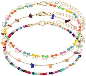 Boho Beaded Ankle Bracelet Beach 18 K Gold Plated Anklet Bracelets Handmade Colorful Seed Beads Butterfly Evil Eye Heart Link Chain Anklet Pack Cute Summer Foot Jewelry for Women