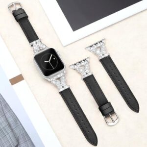 JR.DM Leather Watch Bands for Women Compatible with Apple Watch 38mm 40mm 41mm 42mm (S10) with Silver Bling Butterfly Connector Slim Leather Strap for iWatch Series 10/9/8/7/6/5/4/3/2/1/SE - Image 5