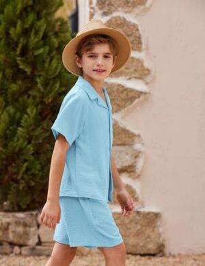 Arshiner Boys 2 Pieces Summer Beach Outfits Short Sleeve Button Down Shirts and Shorts Vacation Texture Sets for Kids - Image 3