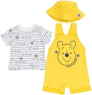 Disney Tigger Winnie the Pooh Baby French Terry Short Overalls T-Shirt and Hat 3 Piece Outfit Set Newborn to Infant