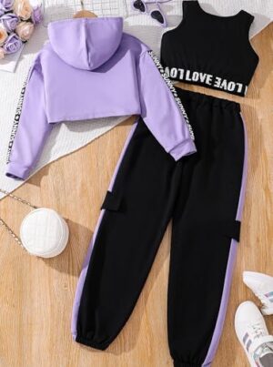 Hilinker Girls Graphic 3 Piece Outfits Workout Hoodie Crop Tank and Sweatpants Set - Image 2