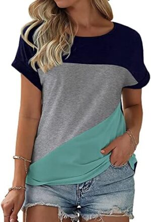 Womens Color Block Short Sleeve Tops Casual Summer T-Shirt