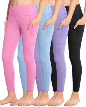 ATHVOTAR Girls Leggings with Pockets: High Waisted Yoga Workout Athletic Dance Running Pants 4 Packs