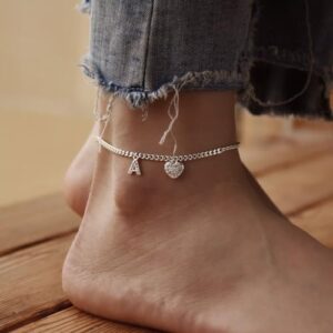 Dainty Silver Initial Heart Anklets for Women Personalized Sparkle Ankle Bracelets Simple Letter Anklet Everyday Jewelry Gift for Her - Image 3