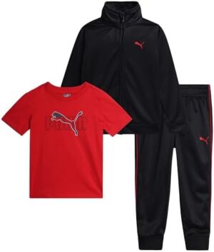 PUMA Toddler Boys Pants Set - 3 Piece Athletic T-Shirt, Zip Up Jacket, Jogger Pants - Boys Activewear Tricot Jogset (12M-4T)