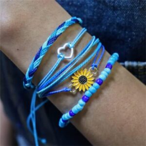 COLORFUL BLING 4 pieces Summer Surf Anklet Bracelet Adjustable Chain Braided Rope Bracelet Sunflower Friendship Bracelet Beach Surf Jewelry Female-B blue - Image 4