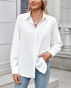 Womens Long Sleeve Button Down Shirt Ultra-Soft Stretch Wrinkle-Free Work Casual Business Office Blouse - Image 3