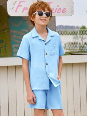 Haloumoning Boys 2 Pieces Summer Outfits Beach Short Sleeve Button Down Shirts and Shorts Vacation Texture Sets for Kids - Image 4