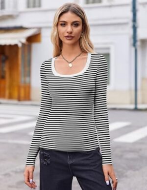 Zeagoo Women's Long Sleeve Scoop Neck Shirts Casual Slim Fit Rib Knit Tops Summer Fall Basic Business Work Tee - Image 4