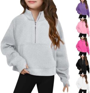 LRMQS Girls Half Zipper Sweatshirts Cute Trendy Fall Pullover Crop Tops for Teen Girls Long Sleeve Sweater Clothes Thumb Hole