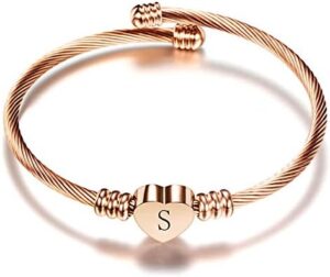 Rose Gold Women Heart Initial A-Z Letter Cuff Bracelets Name Expandable Bangle Bracelet Birthday Gifts