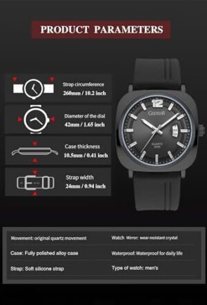 Analog Wrist Watches for Mens,Quartz Calendar Casual Stylish Business Sport Military Waterproof Rubber Silicone Band Watch - Image 5