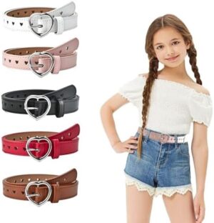 5 Pieces Girls Belt Cute Heart Shape With Metal Buckle Elastic Stretch Adjustable Waist Belt for Girls Jeans Dress