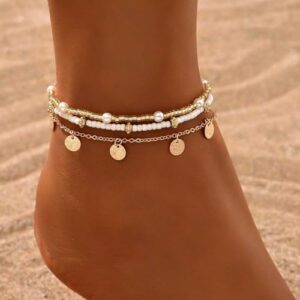 Shell Ankle Bracelet Set for Women, 14K Gold Boho Bead Adjustable Anklet, Hawaiian Beach Seashell Pearl Heart Starfish Conch Foot Jewelry Gifts - Image 4