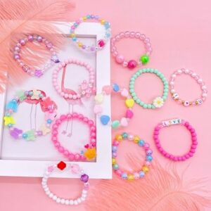 12 PCS Kids Bracelets for Girls Jewelry Little Girl Beaded Bracelets Flower Butterfly LOVE Letter Pink Princess Pretend Play Easter Christmas Birthday Gift - Image 3