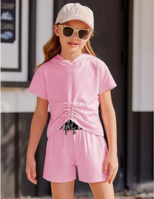 Arshiner Girls 2 Piece Outfits Summer Clothing Sets Short Sleeve Drawstring Hoodie T-Shirt and Letter Print Waist Short - Image 2