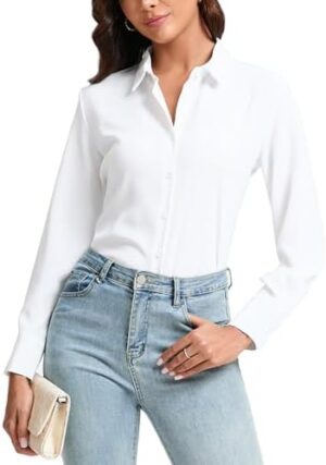 jonivey Womens Stretch Button Down Shirt Long Sleeve Wrinkle-Free Lightweight Smooth Loose Casual Office Work Shirts