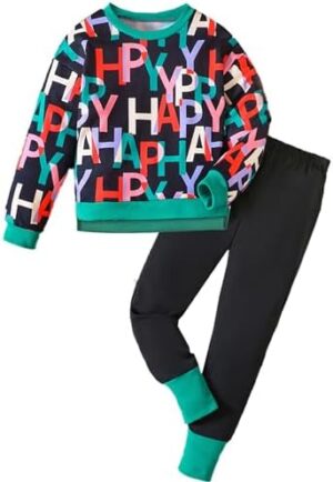 Girls Letter Graphic Clothes - Casual Kids Sweatsuit Allover Print Pullover Sweatshirt Leggings 2 Pcs Sets