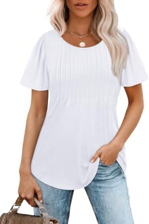 OFEEFAN Womens T Shirts Short Sleeve Pleated Dressy Casual Scooped Neck Summer Tops Blouses - Image 2