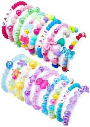 18 Pcs Kids Bracelets for Girls Cute Beaded Bracelets Little Girls Jewelry Letter Flower Star Pink Toddler Bracelets Set Gift