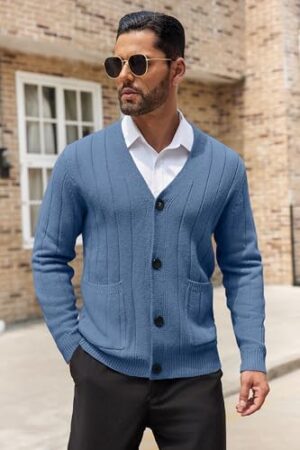 COOFANDY Men's Cardigan Sweater Cable Knit V Neck Button up Sweaters Ribbed Cardigan Sweater with Pockets - Image 2