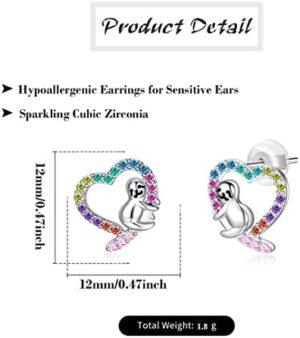 Hypoallergenic Sloth/Panda/Koala/Cat Stud Earrings for Girls Women 925 Sterling Silver Colorful Animal Heart Earring Studs for Sensitive Ears Sloth Jewelry Gifts. - Image 2