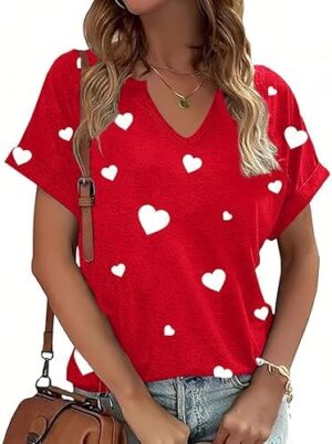 Valentine Shirts for Women V Neck Love Heart Girlfriend Valentines Gift Tshirt Graphic Short Sleeve Tee Tops