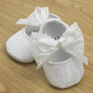 White Shoes for Baby Girls Baptism Shoes and Headband Set Christening Ivory Dress Shoes - Image 3