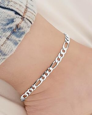 Sterling Silver Ankle Bracelets for Women Strong Lobster Clasp - Cuban Link, Figaro, Rope, Flat Mariner, Snake Herringbone, Satellite, Paperclip - Summer Beach Waterproof Silver Anklet - Image 4