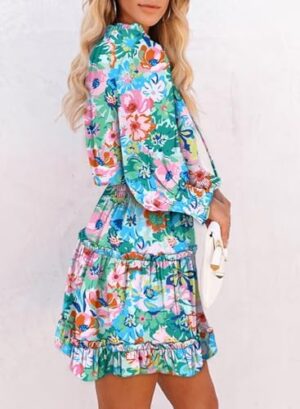 Dokotoo Spring Dresses for 2025 Boho Floral Drawstring V Neck Smocked Long Sleeve Ruffle Tiered Chiffon Mini Short Dress - Image 2