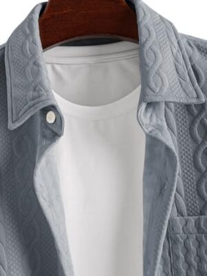 ZAFUL Mens Short Sleeve Button Down Shirts Cuba Collar Cable Jacquard Textured V Neck Solid Cotton Summer Shirt - Image 3