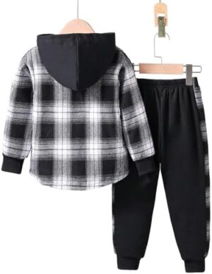 Toddler Boy Clothes Plaid Hooded Shirt - 2 Piece Outfit: Button Front Toddler Hoodie & Sweatpants Set (3~7 years) - Image 5