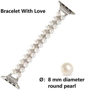 GEMEK Pearl Bracelet Compatible with Apple Watch Band 38/40/41mm 42/44/49mm iWatch Series 9/8/7/6/5/4/3/2/1, Artificial Elastic Stretch Bling Diamond Jewelry Wristband Replacement Strap for Women Girls - Image 4