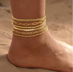 6 PCS Gold Ankle Bracelets for Women, 14k Plated Gold Layered Anklet Set Waterproof Herringbone Paperclip Beaded Figaro Cuban Link Chain Beach Stackable Anklet Bracelet Jewelry Gift for Women - Image 3