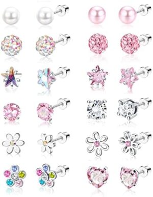 SAILIMUE 12 Pairs Hypoallergenic Screw Back Earrings for Women Girls Surgical Steel Cute Heart CZ Flower Pearl Ball Tiny Screwback Stud Earring