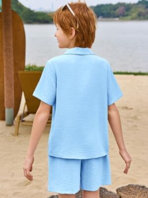 Haloumoning Boys 2 Pieces Summer Outfits Beach Short Sleeve Button Down Shirts and Shorts Vacation Texture Sets for Kids - Image 5