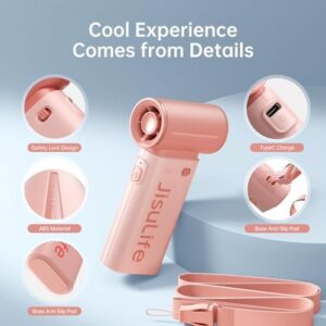 JISULIFE Turbo Hand Fan - 2024 Ultra Power Pocket Fan, Unique Sleek Design, Mini Handheld Fan with 5 Speeds, Lanyard, USB Rechargeable Portable Fan for Travel,Women,Men, Mini Fan Game Changer (Pink) - Image 5