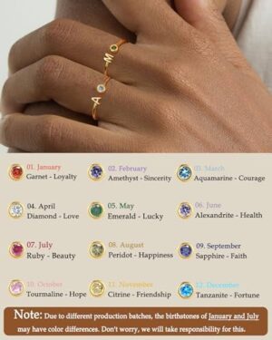 FUNEIA Initial Birthstone Rings for Women Non Tarnish Trendy Stackable Dainty Gold Letter Adjustable Emerald Green Cubic Zirconia Ring for Mothers Daughter Birthday Bridesmaid Gifts Jewelry - Image 3