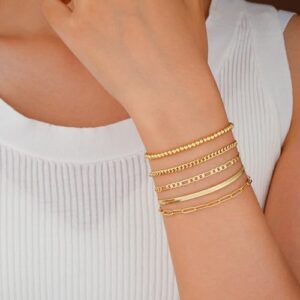 iF YOU Gold Bracelets for Women, 14K Gold Plated Stackable Bead Ball Cuban Link Paperclip Bracelets Bracelet Set, Layered Adjustable Bracelets for Women Waterproof Jewelry for Gift 5pc - Image 7