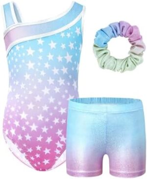 JiAmy Girls Gymnastics Leotards, Glitter Ballet Dance Unitards Biketards Activewear with Short & Hairband for Kids