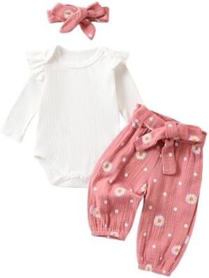 Baby Girl Fall Clothes Set Long Sleeve Crewneck Floral Print Romper Top Pants Cute Newborn Outfit 3 6 12 18 24 Months