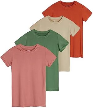 Real Essentials 4 Pack: Girls Short Sleeve Dry-Fit Crew Neck Active Athletic Performance T-Shirt