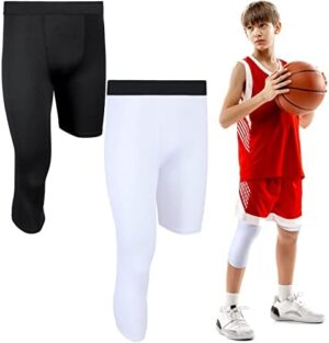 Hercicy 2 Packs Boys' Youth One Leg 3/4 Compression Tights for Football Basketball Capri Tights Athletic Base Layer Pants