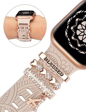 (Include Band) Decorative Ring Loops Compatible with Apple Watch Band Charms 41mm 40mm 38mm 42mm 44mm 45mm 49mm Women, Boho Engraved Silicone Dressy Strap for iWatch Series 9 Ultra SE 8 7 6 5 4 3 2 1 - Image 3